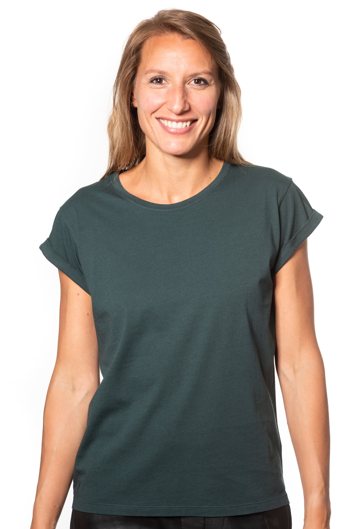 Tee shirt femme manche courte à revers forme droite ajustée col rond encolure ronde super Suny vert foncé vert soutenu en coton jersey bio GOTS et eco responsable