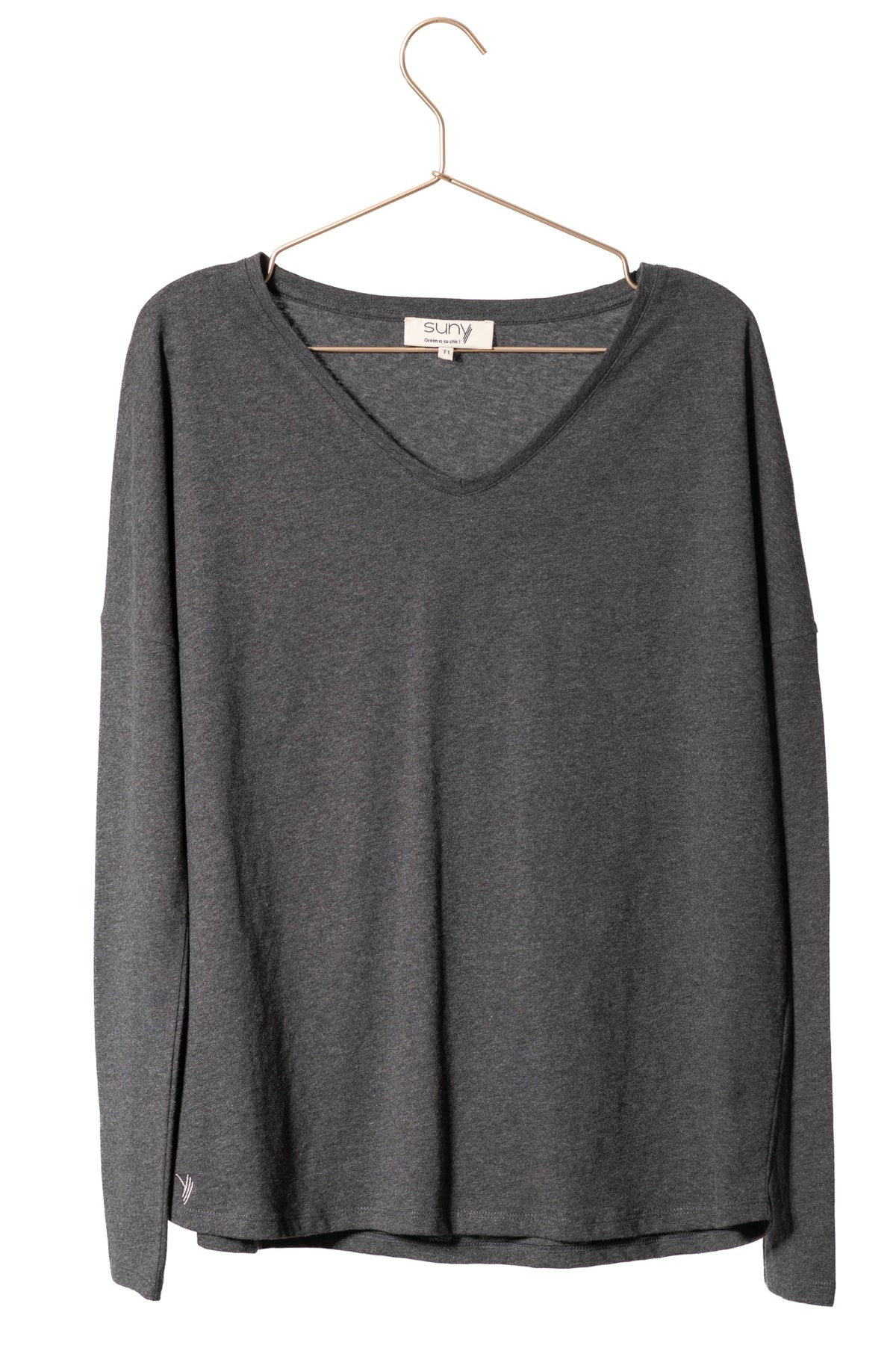 tee shirt manche longue col V en coton upcyclé extra suny V gris anthracite chiné