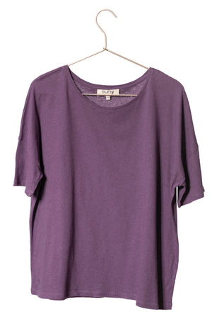 Tee shirt femme manche tombante au coude ample et oversize, en lin et coton upcyclé, col arrondi et évasé violet mauve