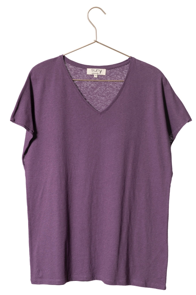 Tee shirt long femme lin et coton upcyclé manche courte forme oversize col V gris violet