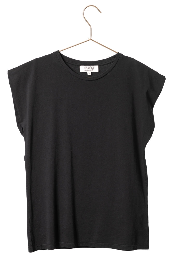 Tee shirt coton bio femme manche courte à épaulettes non rigides noir