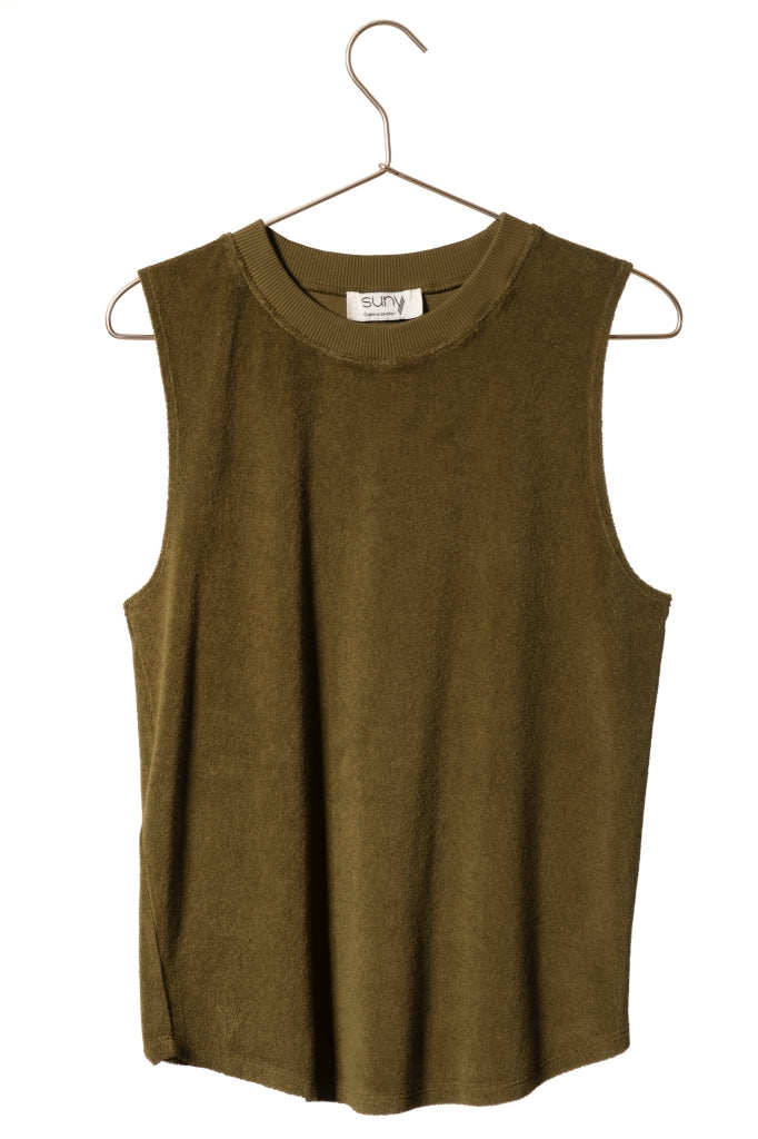 tee shirt éponge bouclette bio pour femme col rond manche courte vert kaki