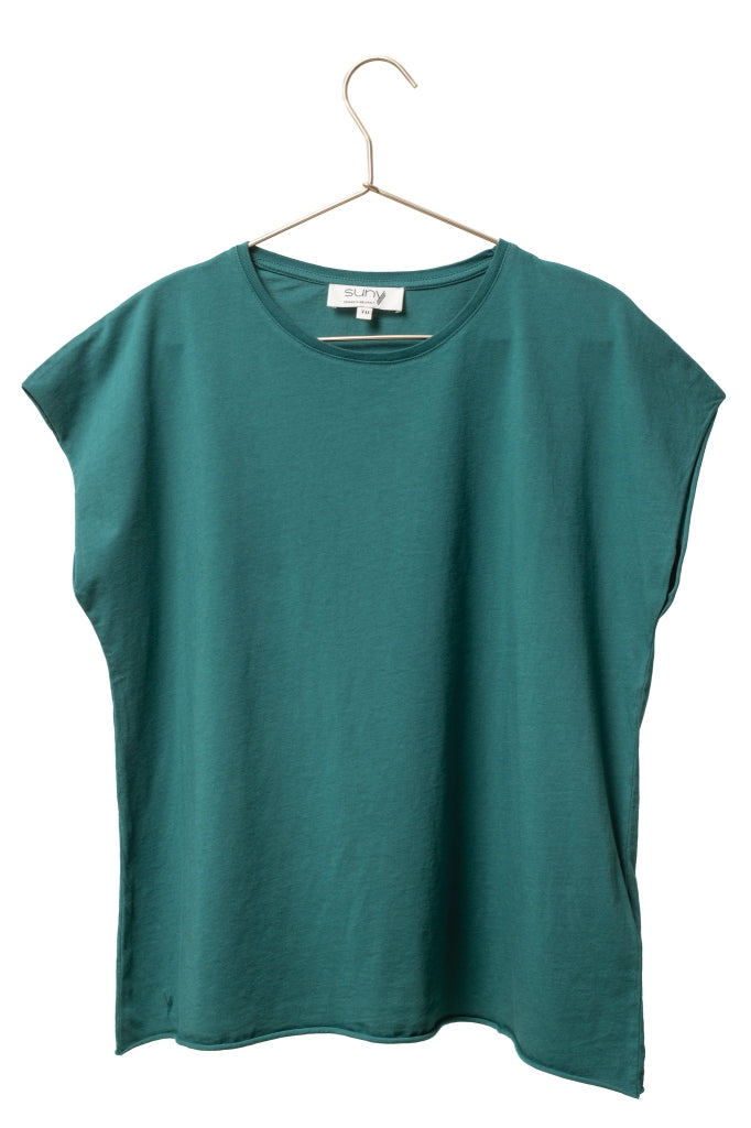Tee shirt femme manche courte rock court et ample en coton bio GOTS éco responsable sans couture oversize col rond bleu vert bleu canard