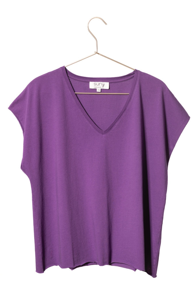 Tee shirt femme manche courte rock court et ample en coton bio GOTS éco responsable sans couture oversize col v violet