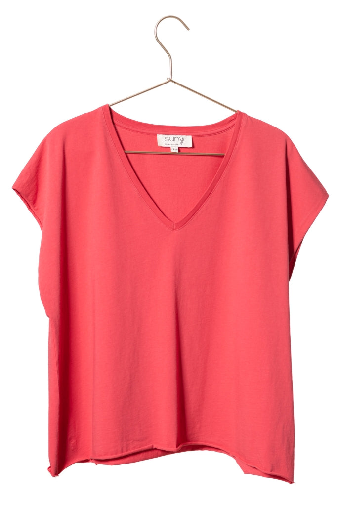 Tee shirt femme manche courte rock court et ample en coton bio GOTS éco responsable sans couture oversize col v rouge rose