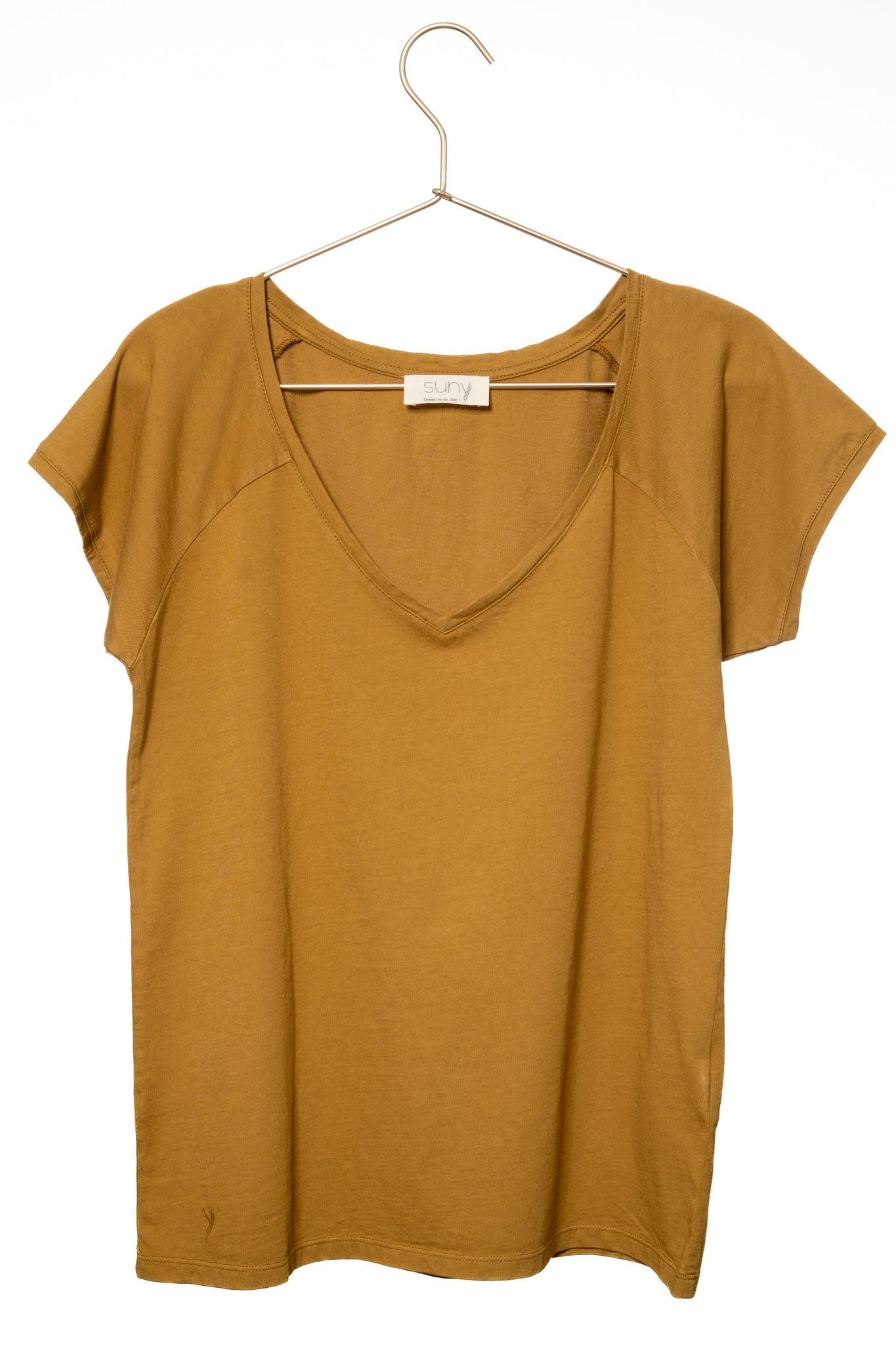 Tee shirt femme manche raglante courte, en coton bio GOTS éco responsable col V gris havane brun camel