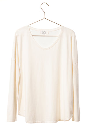 Tee shirt pour femme en coton bio GOTS eco responsable à manche longue, oversize, col V Extra suny V blanc cassé crème