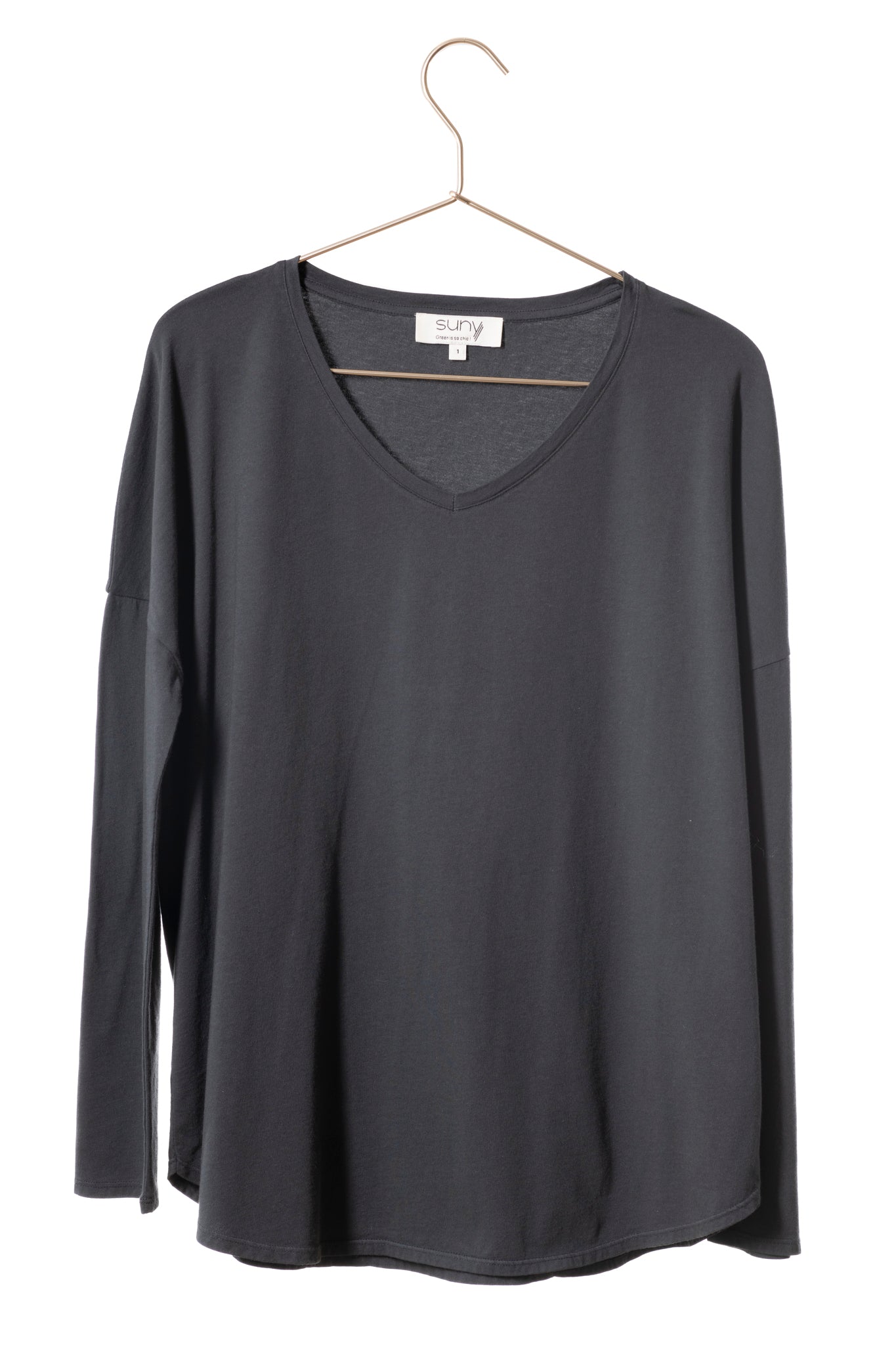 Tee shirt pour femme en coton bio GOTS eco responsable à manche longue, oversize, col V Extra suny noir graphite