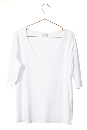 tee shirt basique femme en coton bio col V manche au coude blanc