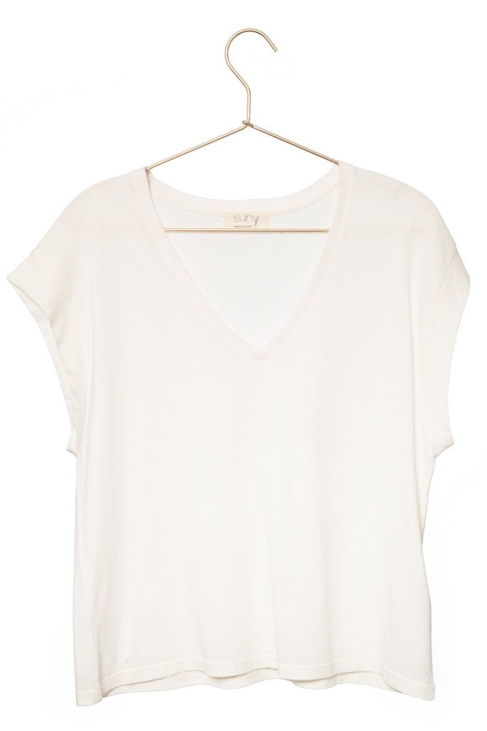 T-shirt basique femme col V coton et lin biologique coupe droite fabrication ecoresponsable blanc cassé