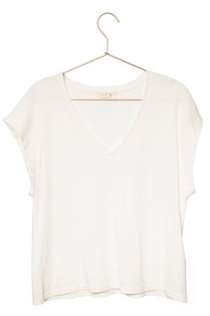 T-shirt suny basique femme col V coton et lin biologique coupe droite fabrication ecoresponsable blanc cassé