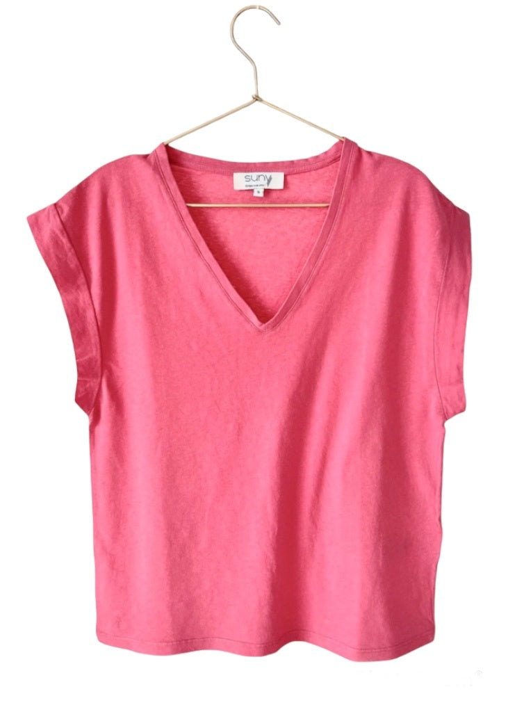 T-shirt basique femme col V coton et lin biologique coupe droite fabrication ecoresponsable rose rouge framboise