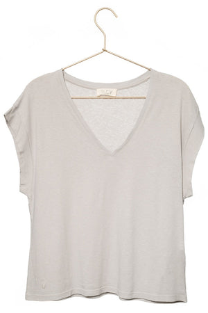 T-shirt suny basique femme col V coton et lin biologique coupe droite fabrication ecoresponsable gris clair, gris doux, gris perle, gris souris