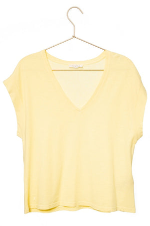 T-shirt suny basique femme col V coton et lin biologique coupe droite fabrication ecoresponsable jaune, jaune clair, jaune d’or