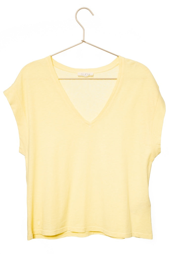 T-shirt suny basique femme col V coton et lin biologique coupe droite fabrication ecoresponsable jaune, jaune clair, jaune d’or