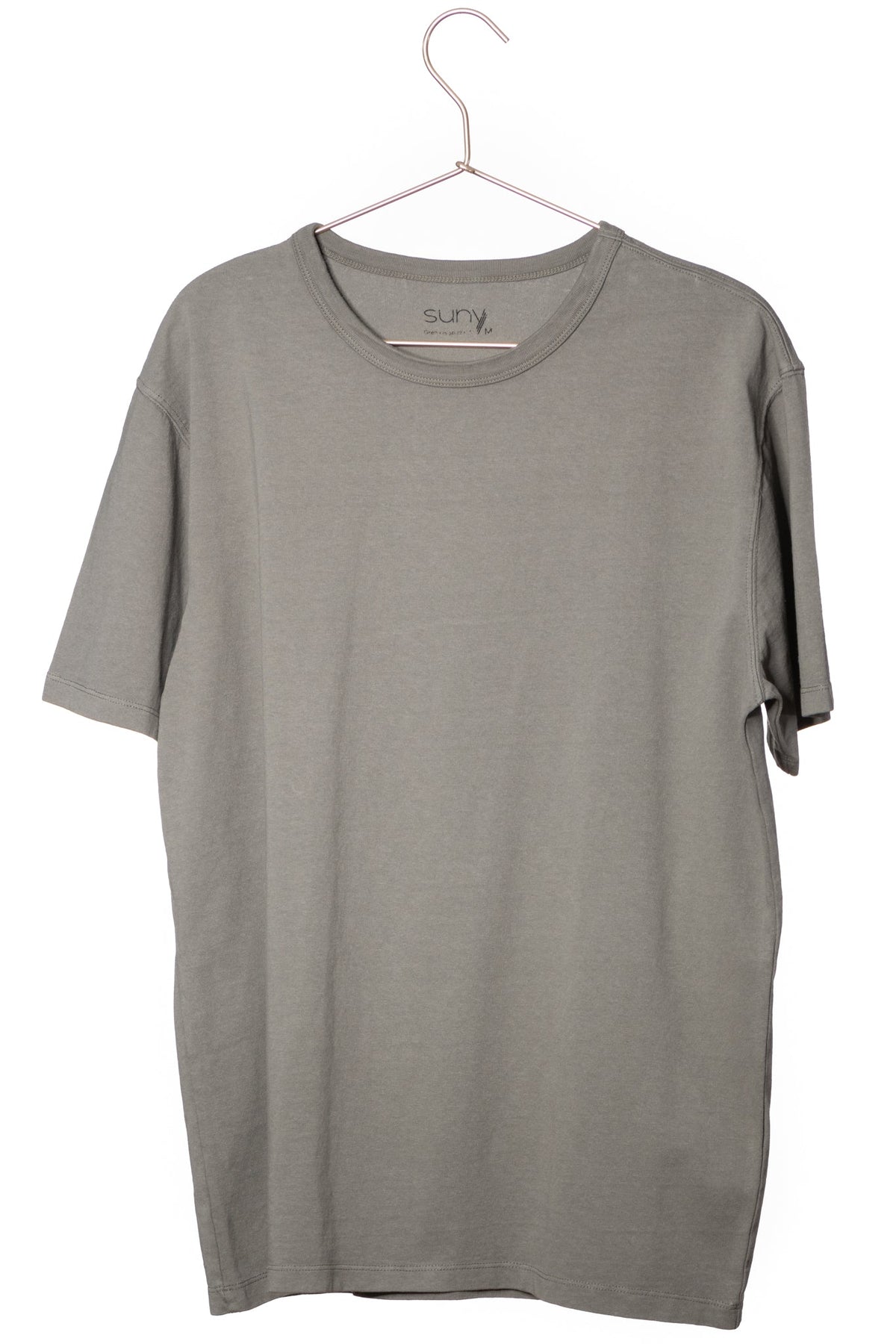 Tee-shirt basique homme manche courte coupe droite, col rond avec double surpiqûre à l’encolure, coton lourd biologique certifié GOTS molleton gris kaki, gris, kaki, vert doux, gris vert 