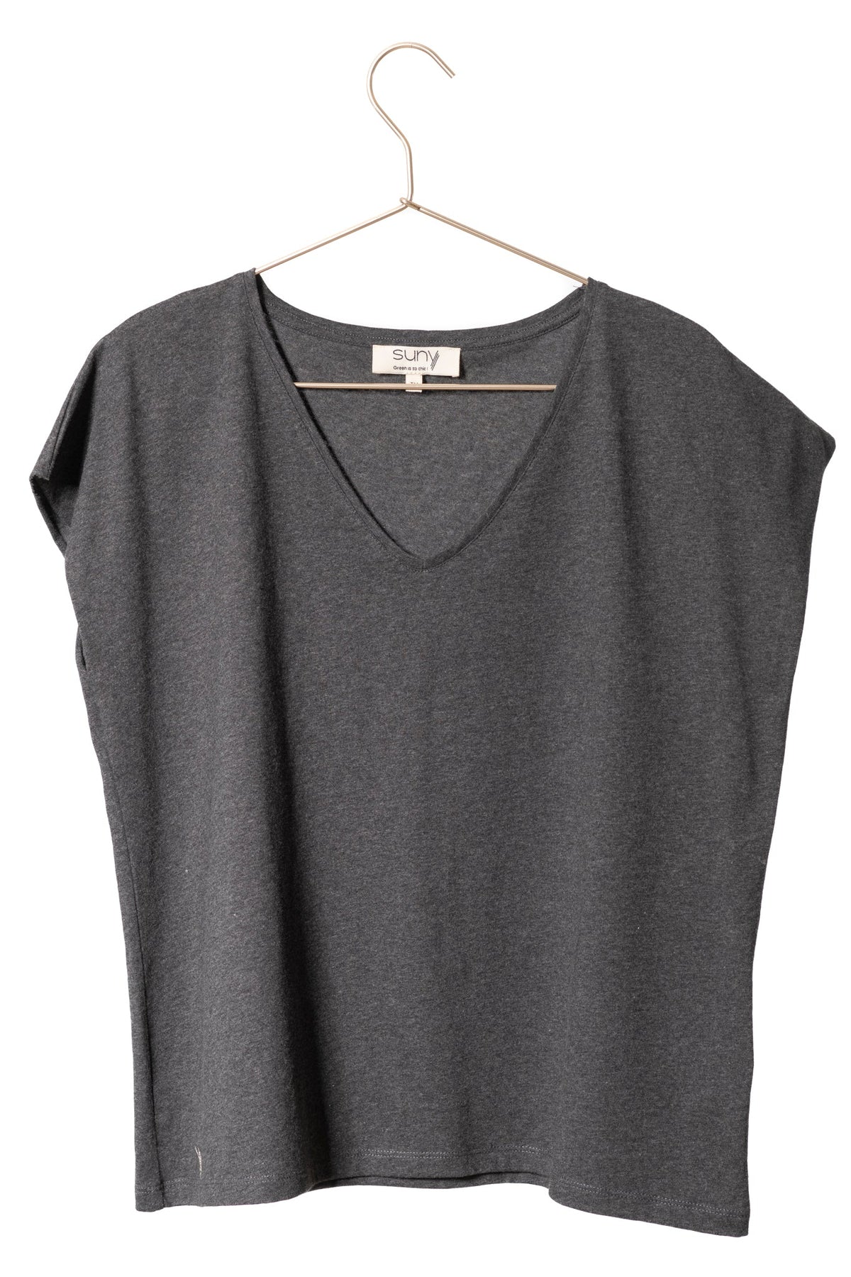 Tee shirt femme oversize col V encolure V manche courte coupé bord franc pour un look rock en coton jersey upcyclé et éco responsable anthracite chiné