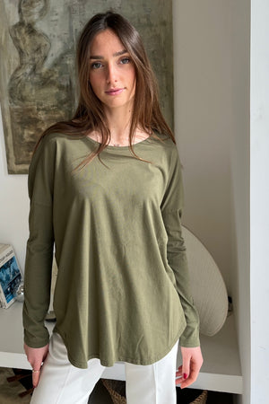 T shirt femme col V manche longue coton bio souple forme oversize KAKI mousse
