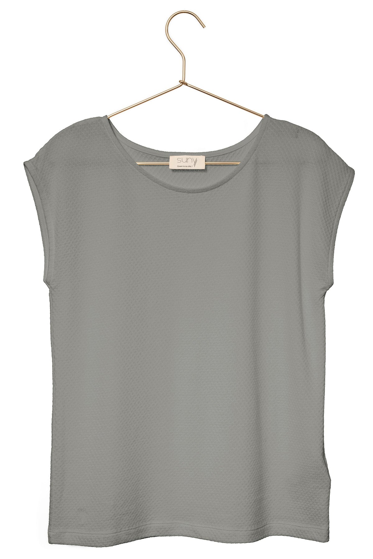 T shirt suny femme manche courte coupe droite uni coton bio col rond évasé certifié GOTS fabrication locale gris clair, gris kaki, kaki vert, vert doux