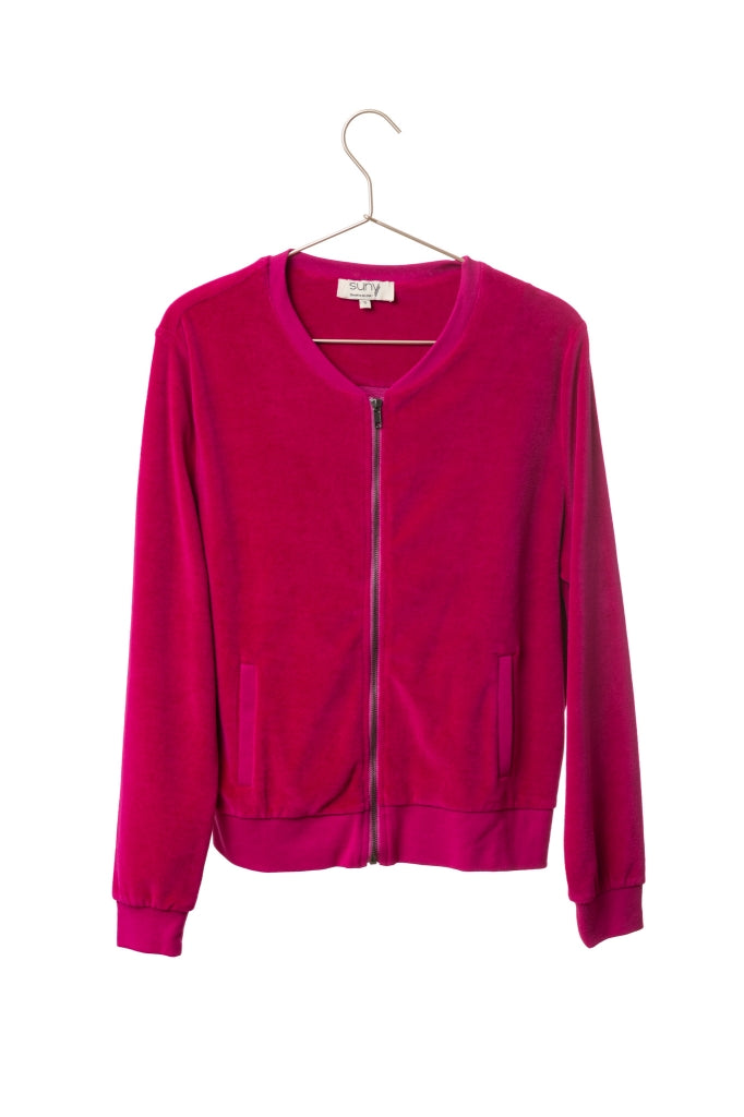 blouson Zippy Suny en velours lisse rose fuchsia – coupe droite et zip canon de fusil – Suny
