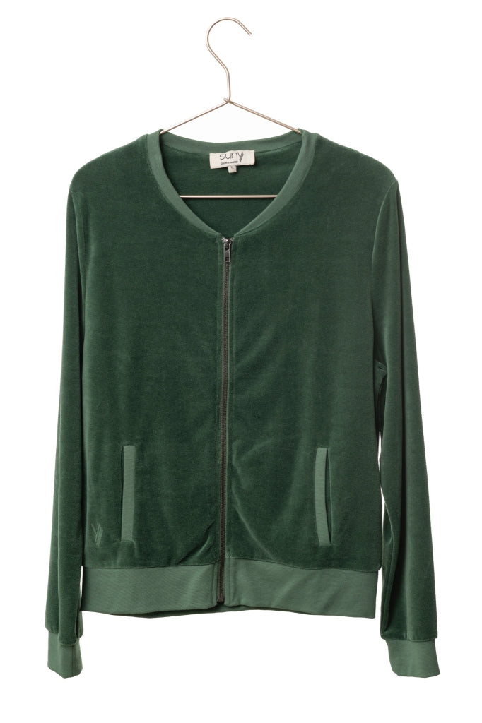 blouson Zippy Suny en velours lisse vert d’hiver – coupe droite, col rond bomber et zip canon de fusil – Suny