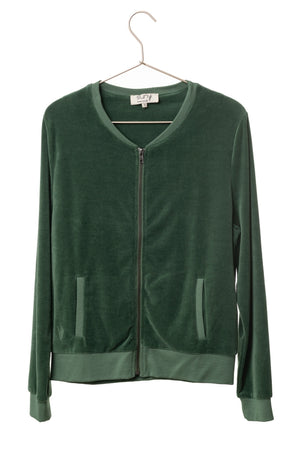 blouson Zippy Suny en velours lisse vert d’hiver – coupe droite, col rond bomber et zip canon de fusil – Suny