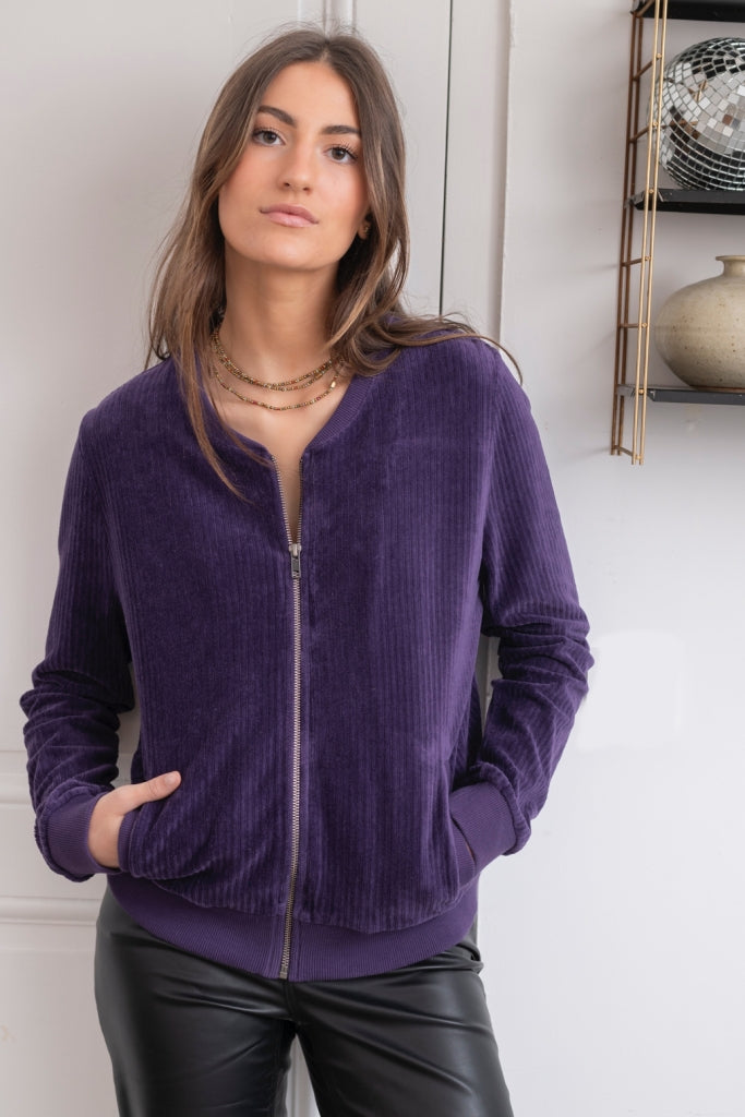 Blouson pour femme avec zip en velours côtelé bio certifié GOTS eco-responsable violet