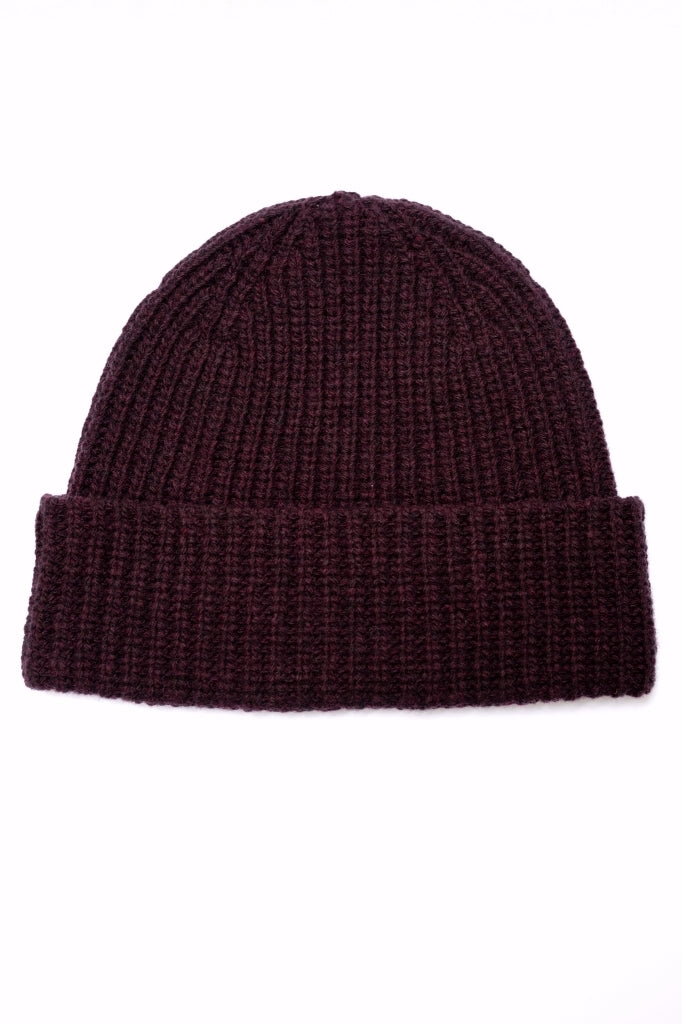 Bonnet HARPER bordeaux chiné en laine italienne upcyclée avec maille côtelée et large revers Suny