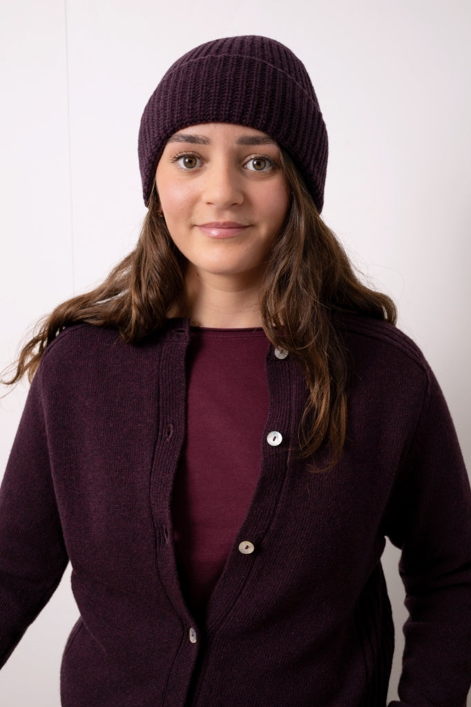 Bonnet HARPER bordeaux chiné en laine italienne upcyclée avec maille côtelée et large revers Suny