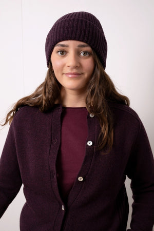 Bonnet HARPER bordeaux chiné en laine italienne upcyclée avec maille côtelée et large revers Suny 