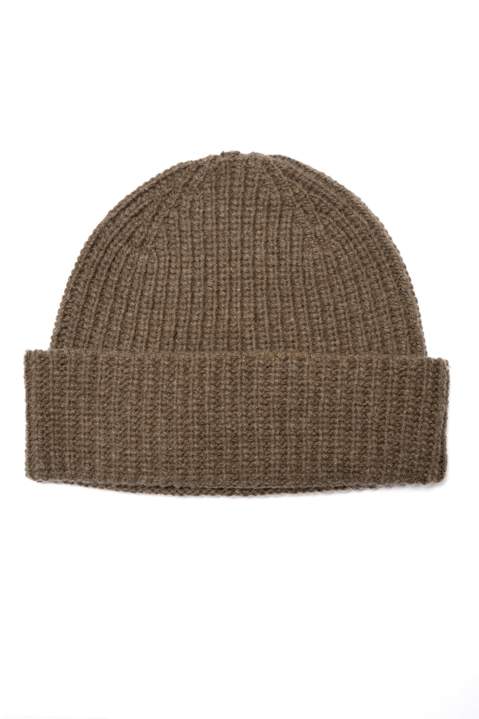 Bonnet HARPER café en laine italienne upcyclée avec maille côtelée et large revers Suny