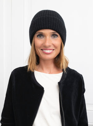 Bonnet Harper noir noir en laine douce, avec large revers et coupe parfaite, accessoire d’hiver unisexe Suny