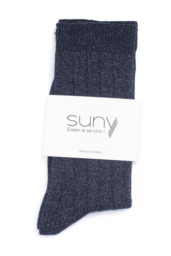 Chaussettes Suny COLETTE bleu marine en coton bio pailleté, fabriquées en France