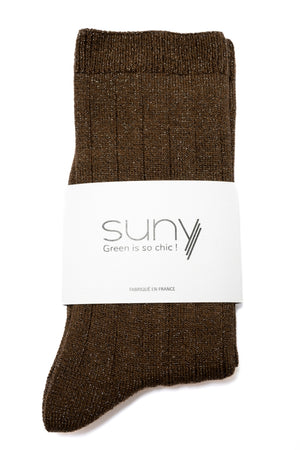 Chaussettes femme en coton bio COLETTE coloris café avec fils dorés, fabriquées en France par Suny