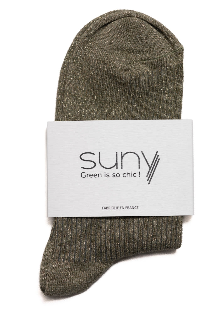 Chaussettes basses Ginette à paillettes, en coton gris kaki, fabriquée en France,  hauteur 10,5 cm.