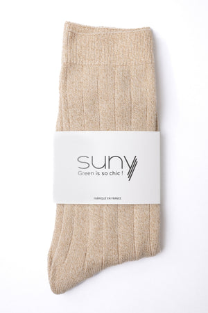 Chaussettes côtelées en coton bio COLETTE coloris écru caresse avec fils dorés, fabriquées en France