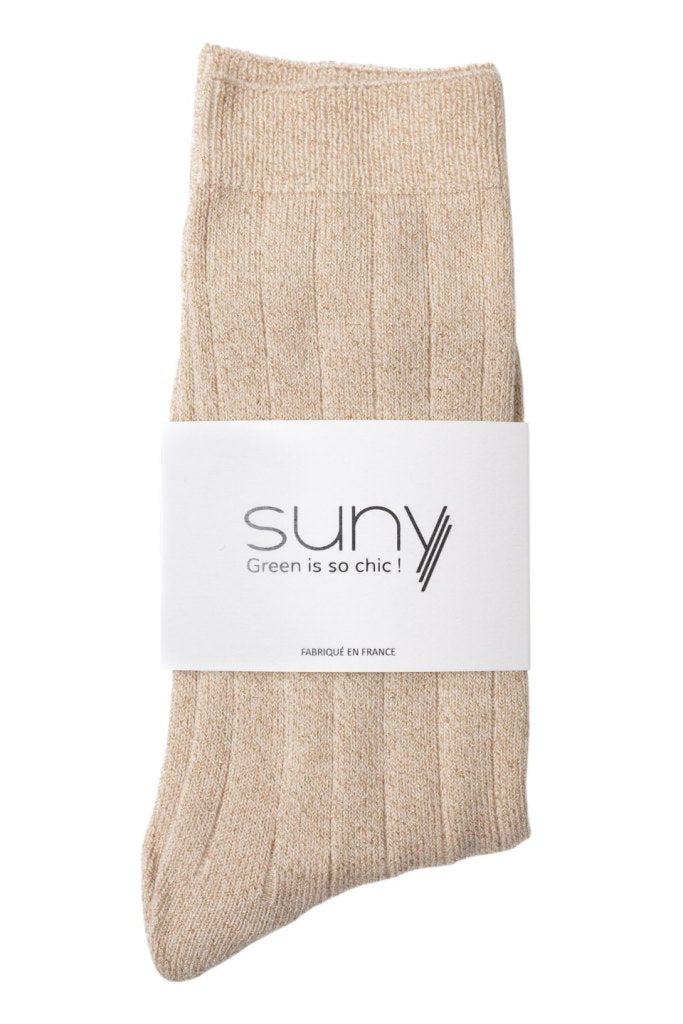 Chaussettes côtelées en coton bio COLETTE coloris écru caresse avec fils dorés, fabriquées en France