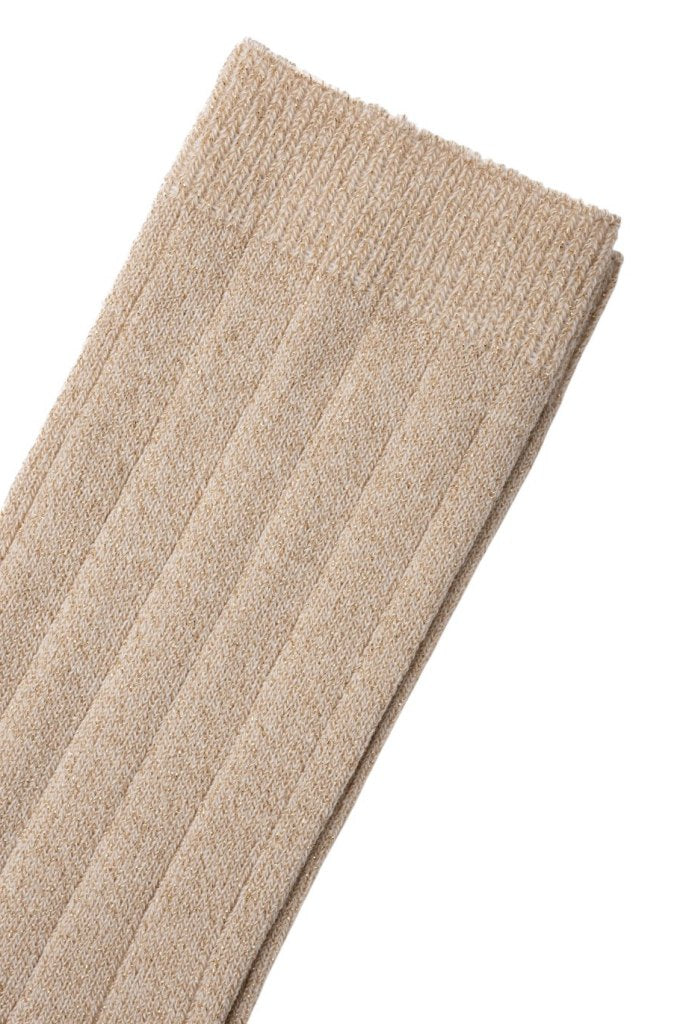 Chaussettes côtelées en coton bio COLETTE coloris écru caresse avec fils dorés, fabriquées en France