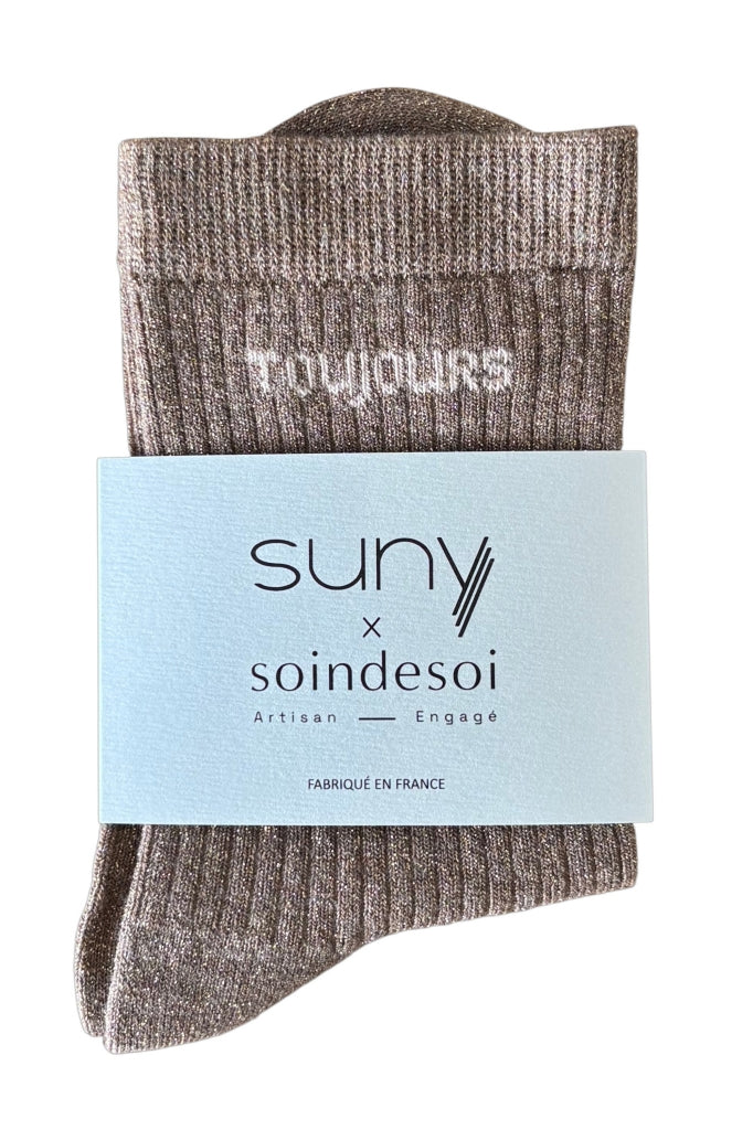 Chaussettes Amour Toujours dorée Suny x Soin de soi, idée cadeau made in France à glisser sous le sapin