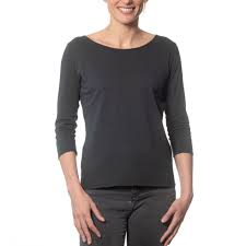 T shirt femme col danseuse manche trois quart coton bio souple forme ajustee noir graphite suny