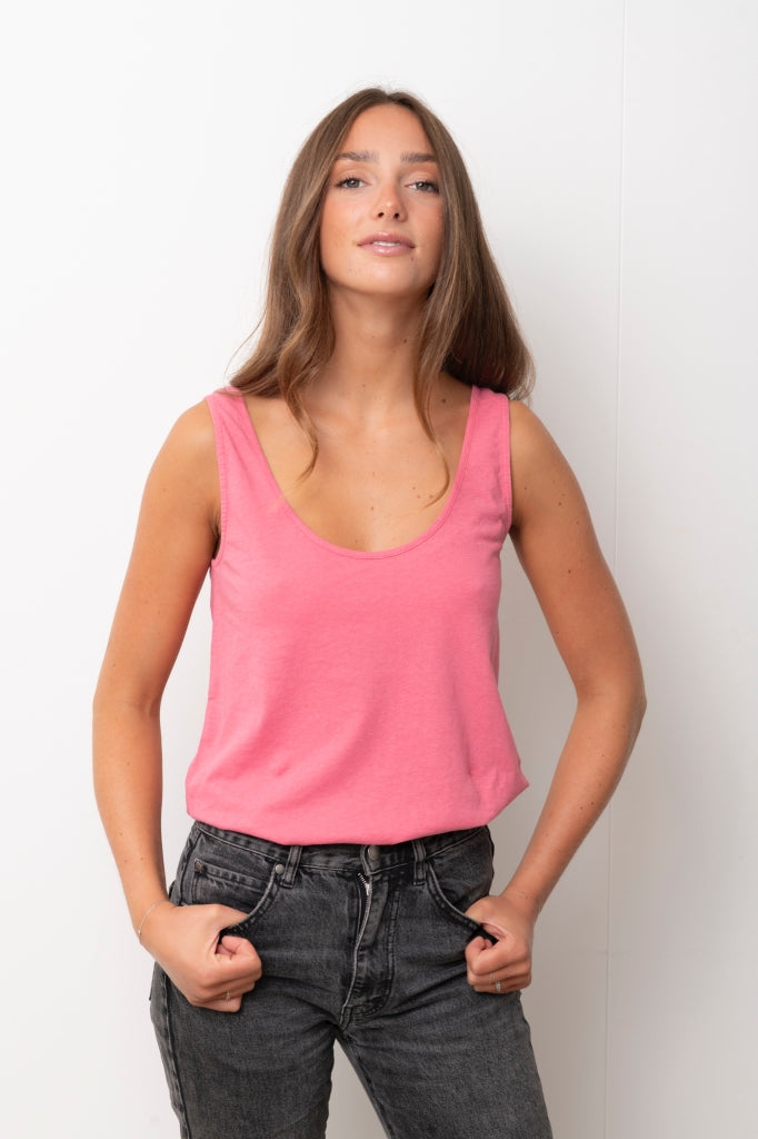 Débardeur lin et coton bio femme certifié GOTS fabrication locale rose, framboise, framboise écrasée