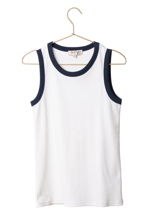 Débardeur Gisèle bicolore crème fouettée et bleu marine Suny en coton bio GOTS, maille côtelée 2x2,