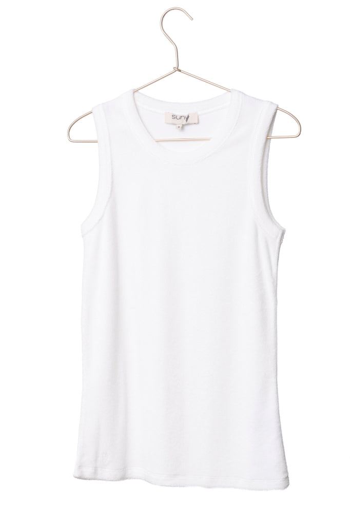 Débardeur Gisèle blanc laitage Suny, top femme lumineux en éponge bouclette coton bio GOTS, facile à porter et à mixer