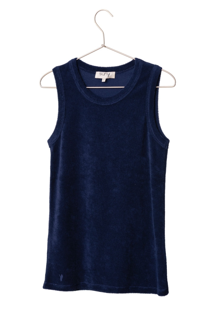 Débardeur Gisèle marine foncé Suny, top femme bleu profond en éponge bouclette coton bio GOTS, facile à porter et à mixer