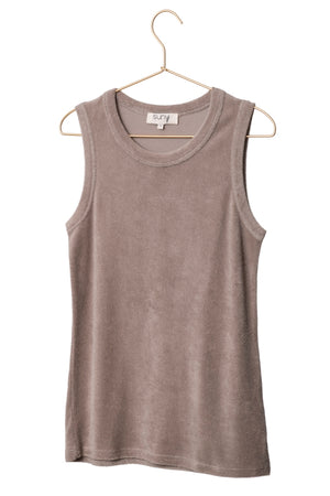 Débardeur Gisèle taupe Suny en éponge bouclette coton bio certifié GOTS, coupe près du corps