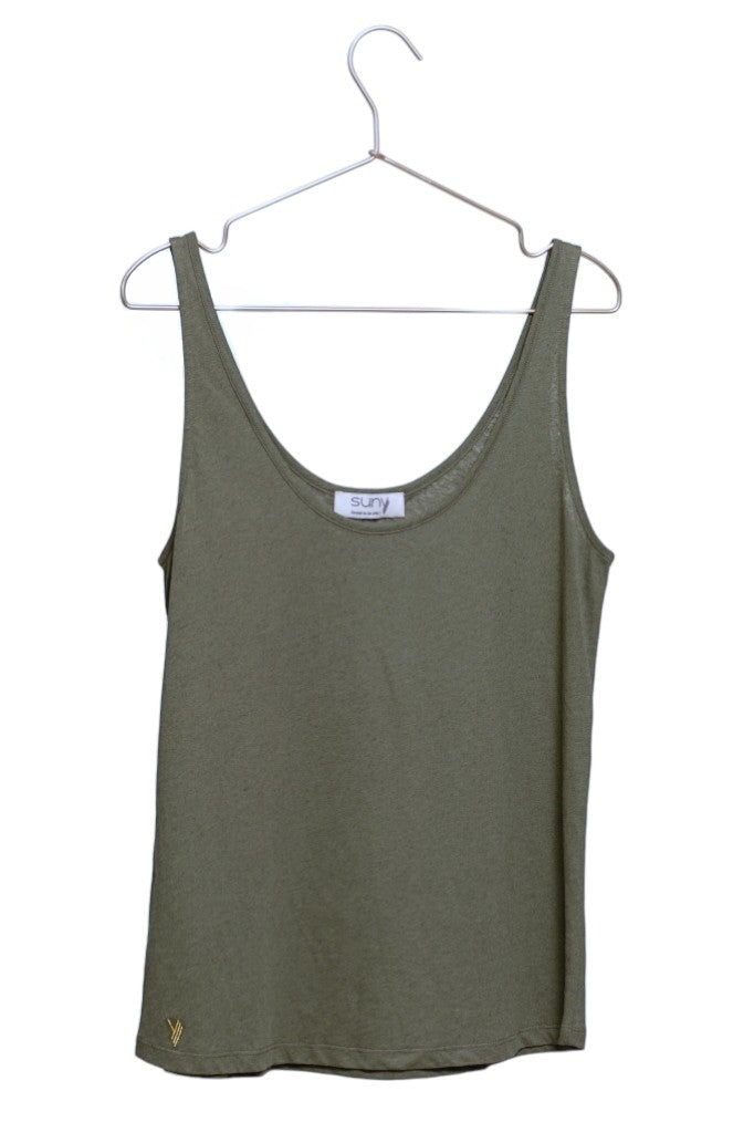 débardeur femme lin et coton bio gris kaki pour un look décontracté ou habillé green et chic