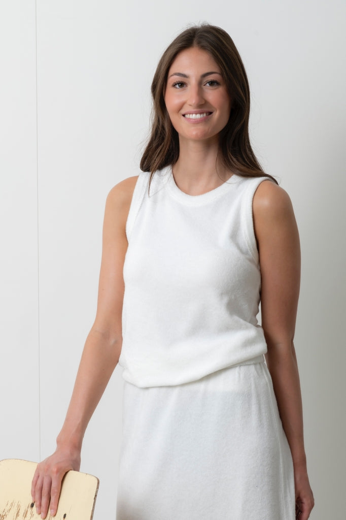 Débardeur Gisèle blanc laitage Suny en éponge bouclette coton bio certifié GOTS, coupe près du corps