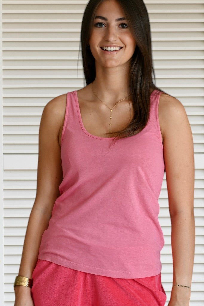 Débardeur lin et coton bio femme certifié GOTS fabrication locale rose, framboise, framboise écrasée