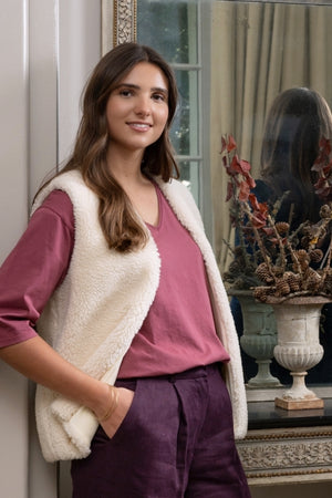 Gilet éco-responsable femme en velours et fausse fourrure écrue – modèle Dakota