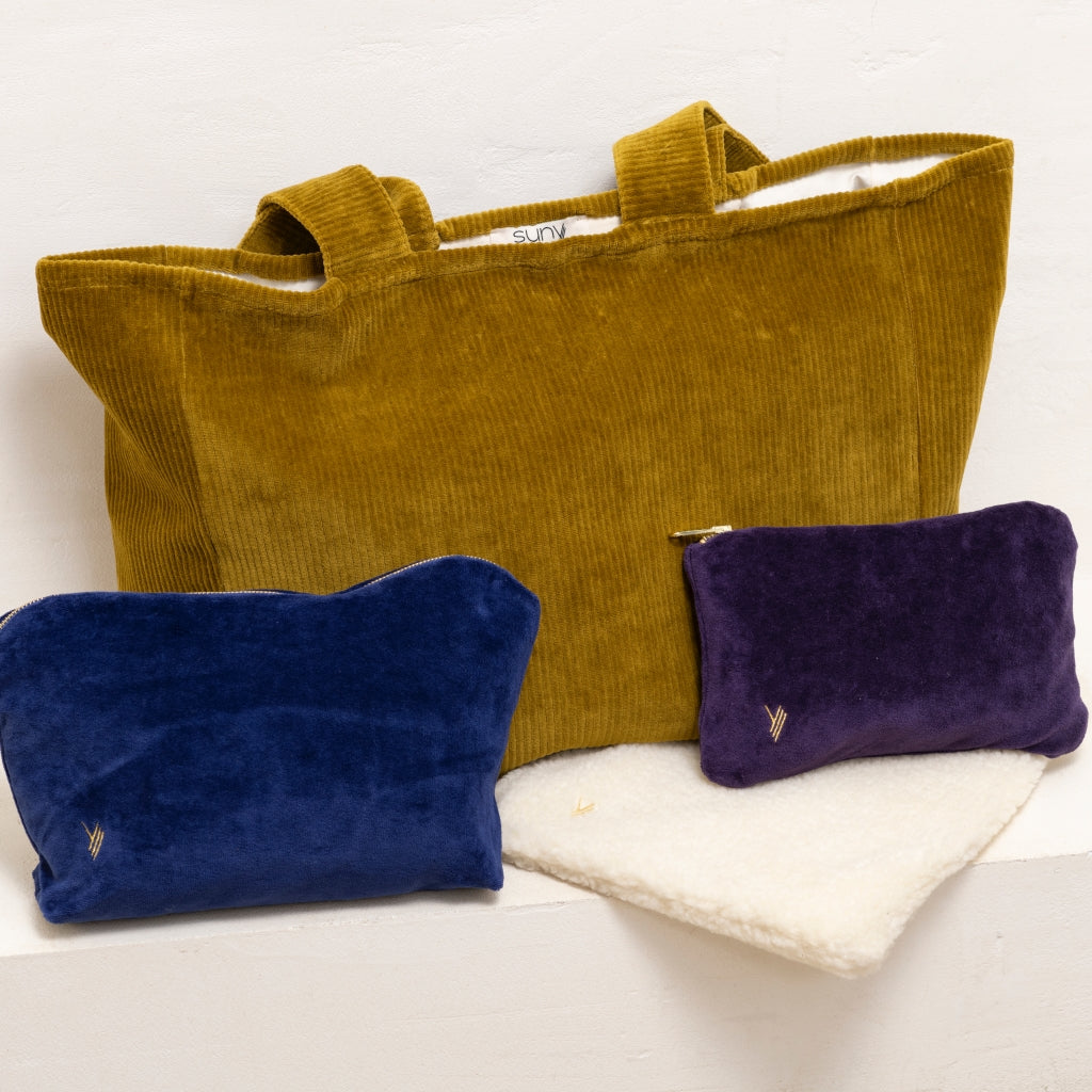 sac cabas en velours côtelé suny, trousse de toilette et trousse de maquillage housse d'ordinateur suny